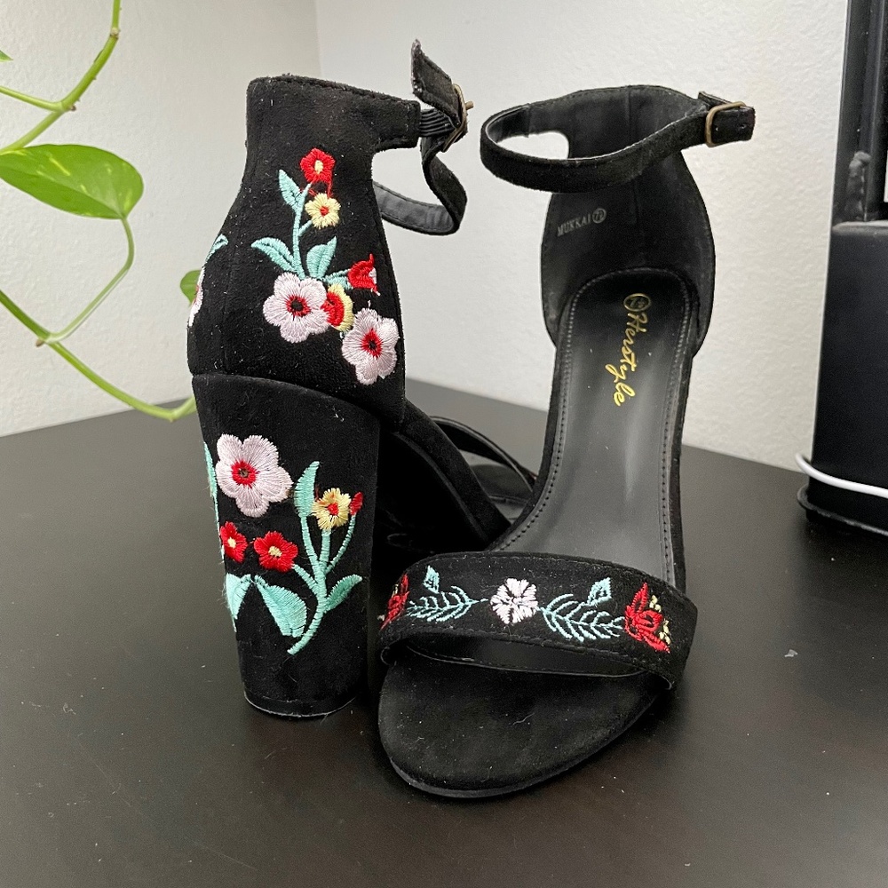 Herstyle black ankle strap heels